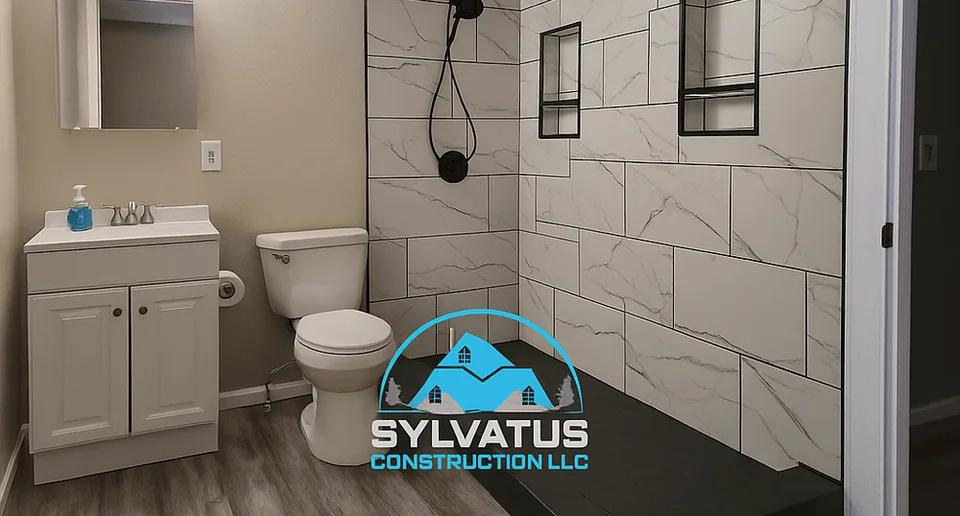 The same basement bathroom after the remodel: white and black marble-look tile, a walk-in shower and matte black fixtures
