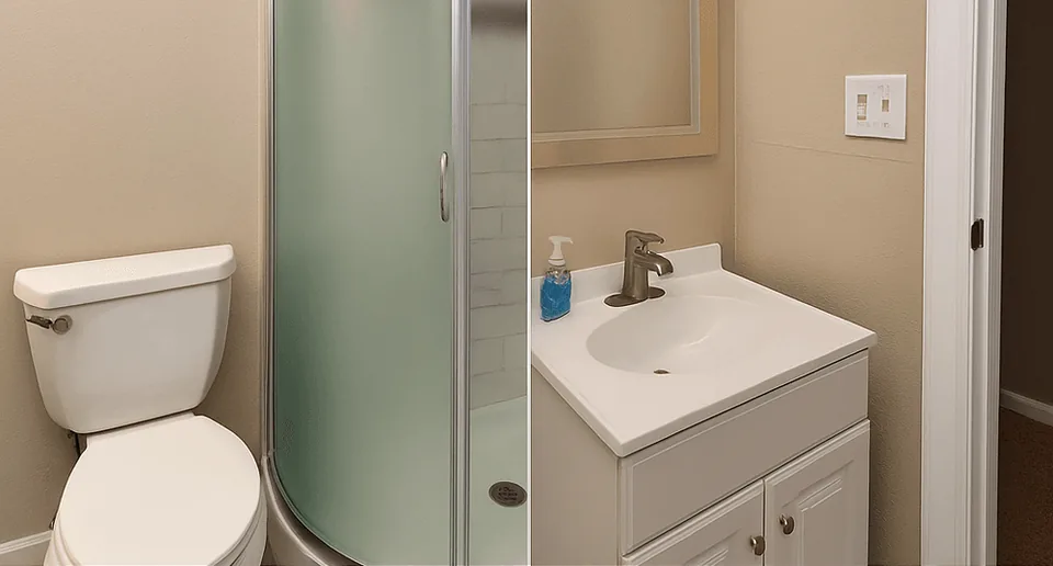 Basement bathroom before the remodel: a frosted corner shower stall, toilet and small vanity