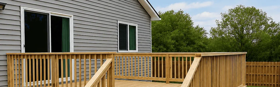 New pressure-treated wood deck with railings and wide stairs