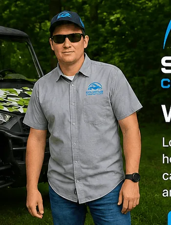 Nick DeVries, founder of Sylvatus Construction, standing by his UTV