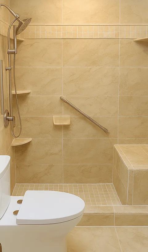 Walk-in tile shower with a built-in bench, corner shelves and a grab bar